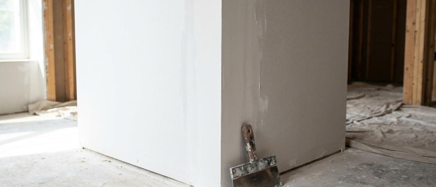 A crisp interior drywall corner coated in fresh white joint compound over metal corner bead, feathered onto both wall faces