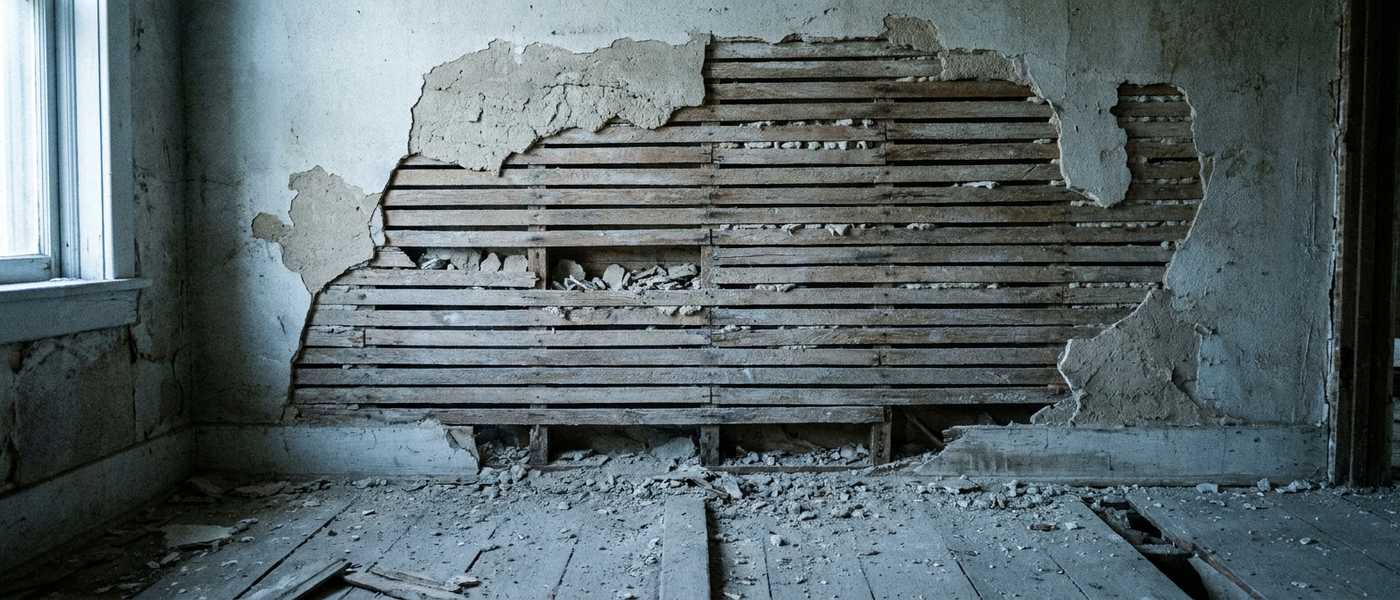 A patch of wall where old plaster has fallen away to expose narrow horizontal wood lath strips with broken plaster keys between them