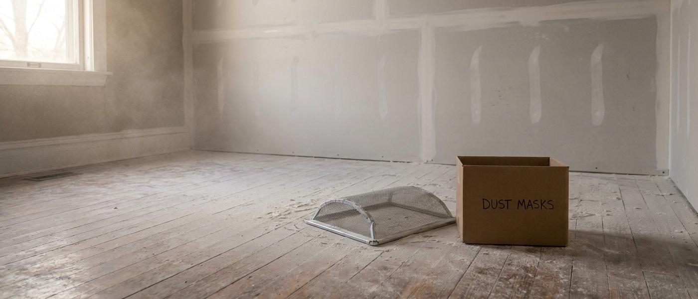 Fine white sanding dust settled along a baseboard and across a wood floor beneath a freshly sanded drywall wall