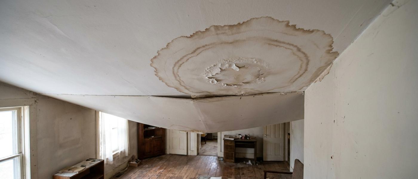 A brown-edged water stain spreading across a white painted drywall ceiling, with the paint slightly blistered at the centre