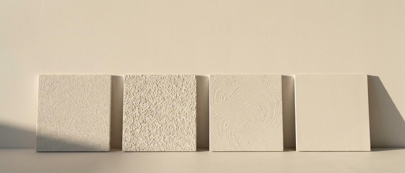 Four small wallboard sample panels leaning against a wall, each finished with a different sprayed drywall texture pattern