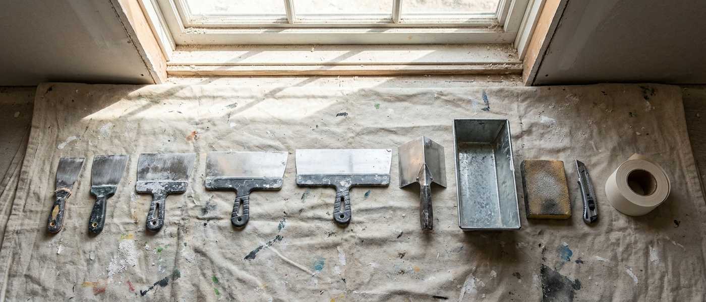 Drywall finishing tools laid out on a canvas drop cloth: taping knives, a mud pan, a corner trowel and a roll of joint tape