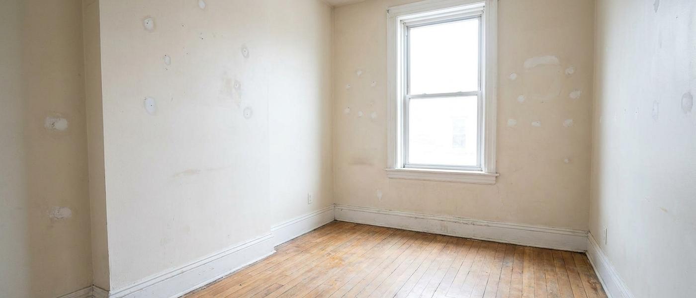 An empty rented apartment room between tenants with bare walls, small filled patches and scuffed baseboards